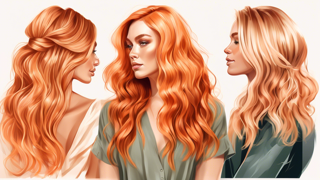 Create a vibrant digital illustration showcasing a variety of hairstyles that feature blonde and copper foils. Include a diverse group of individuals with different hair lengths and textures to highlight the versatility of these colors. Show a mix of seasonal styles, from summery beach waves to sophisticated autumn updos, blending blonde and copper hues seamlessly with natural hair. Add some elegant touches that suggest expert styling, such as soft curls and intricate braids, all emphasizing the stunning interplay of blonde and copper foils.