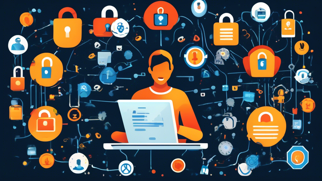 Create an image that visually represents online security while unblocking web proxies. Show a person using a computer, surrounded by digital symbols of security like padlocks, shields, and secure connection icons. Include elements that represent caution like warning signs or alert notifications, and illustrate safe practices with visuals of virus protection software and secure browsing. The setting should evoke a sense of safety and caution, emphasizing the importance of following security protocols during the unblocking process.