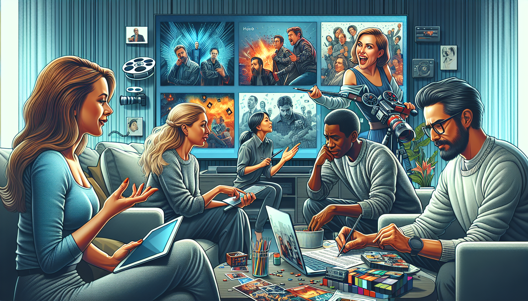 Digital illustration of a cozy living room with five people of diverse backgrounds, each engaging in different activities related to movies and TV shows such as writing reviews on a laptop, discussing film plots, designing fan art, analyzing movie scripts, and setting up a home cinema system, with a prominent Netflix screen in the background.