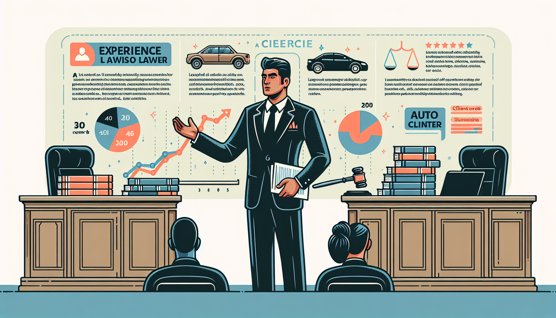 An experienced lawyer in a courtroom, displaying evidence related to an auto accident case, highlighting his success rate and client interactions, with visible client reviews and state-specific legal books in the background, symbolizing his expertise in local traffic laws.
