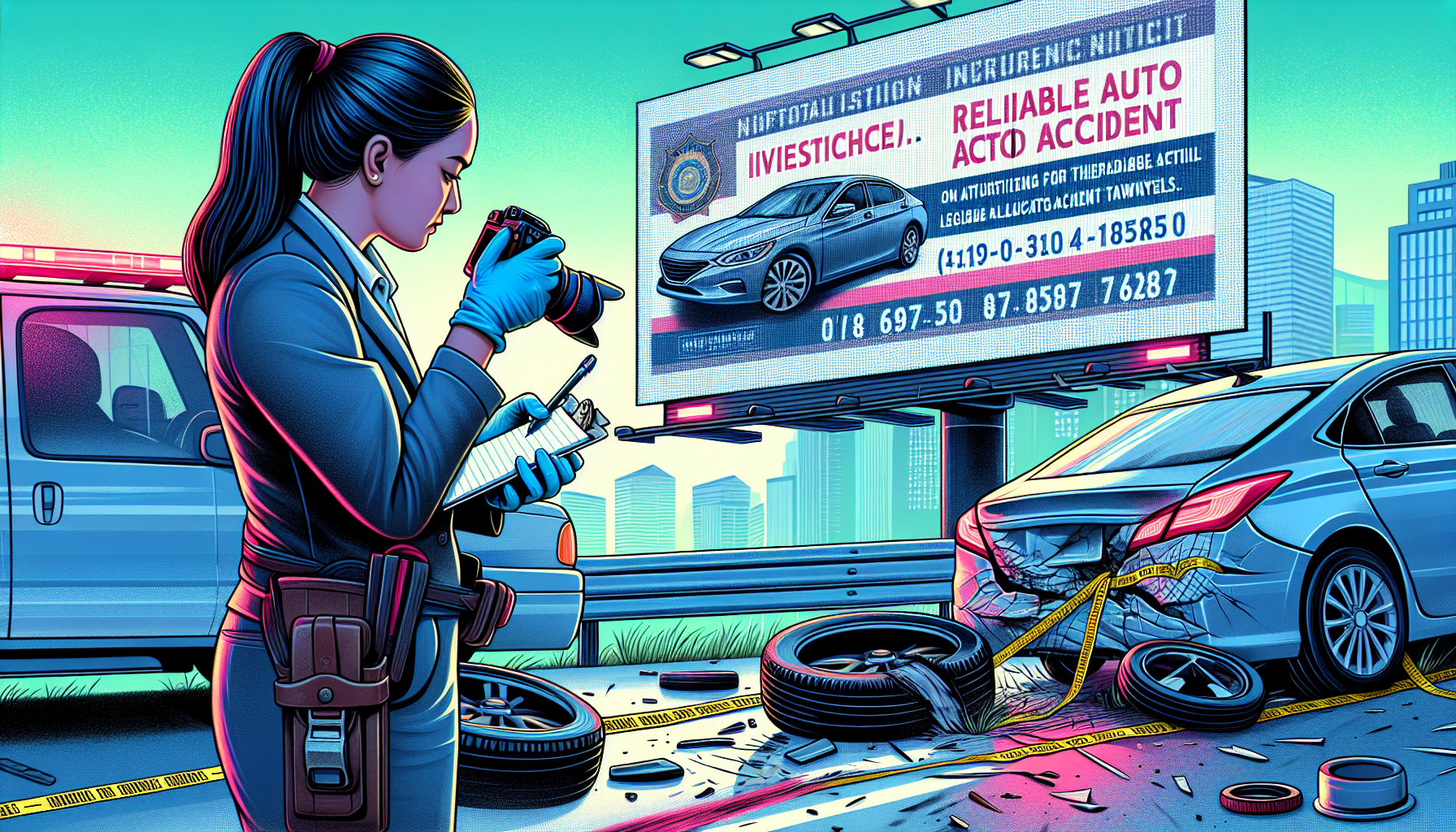 An individual carefully collecting car accident evidence at the scene with a notepad and camera, showcasing various critical elements like tire marks and vehicle damage, while in the background a digital billboard displays ads for reputable auto accident lawyers.