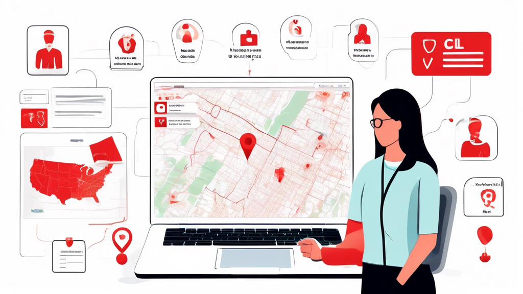 Create an image of a person using a laptop, with a map on the screen, showing nearby CDL medical exam locations, marked with red pins. Include icons for essential services and a checklist of things to bring to the exam. The background should feature a clean, organized home office setting. Make the scene inviting and informative, emphasizing convenience and ease of use.