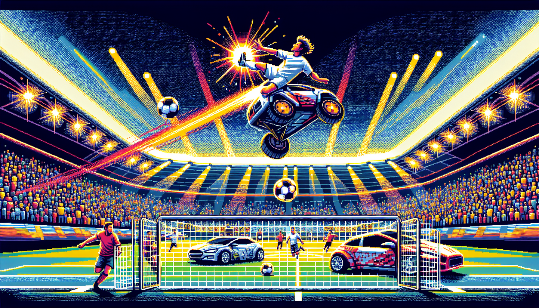 Create an action-packed digital art scene capturing key moments from the Rocket League World Championship. Focus on a dramatic game-changing play with a player executing an aerial flip to score a goal, while a defender makes a desperate save attempt. Include player spotlights showcasing MVPs and breakout stars in intense highlight moments, and emphasize the excitement of a nail-biting final match in a grand arena with roaring crowds, vibrant lighting, and team logos.