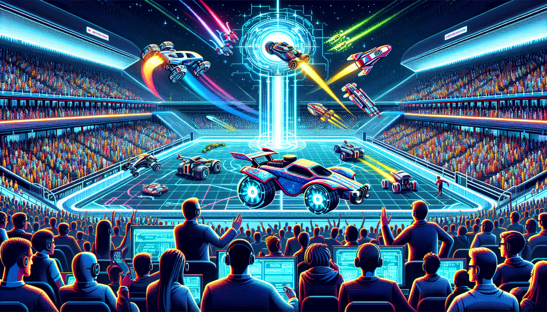Create an image illustrating the future of the Rocket League World Championships, featuring emerging gameplay trends and tactics. The scene captures a stadium filled with an electrified crowd, holographic displays showing cutting-edge player stats and strategies. Include futuristic cars with innovative designs soaring mid-air, performing advanced maneuvers. Convey the excitement of fans with banners and merchandise, while pundits offer predictions on immersive screens. Keywords: rocket league world championship, future, trends, tactics, fans, predictions.