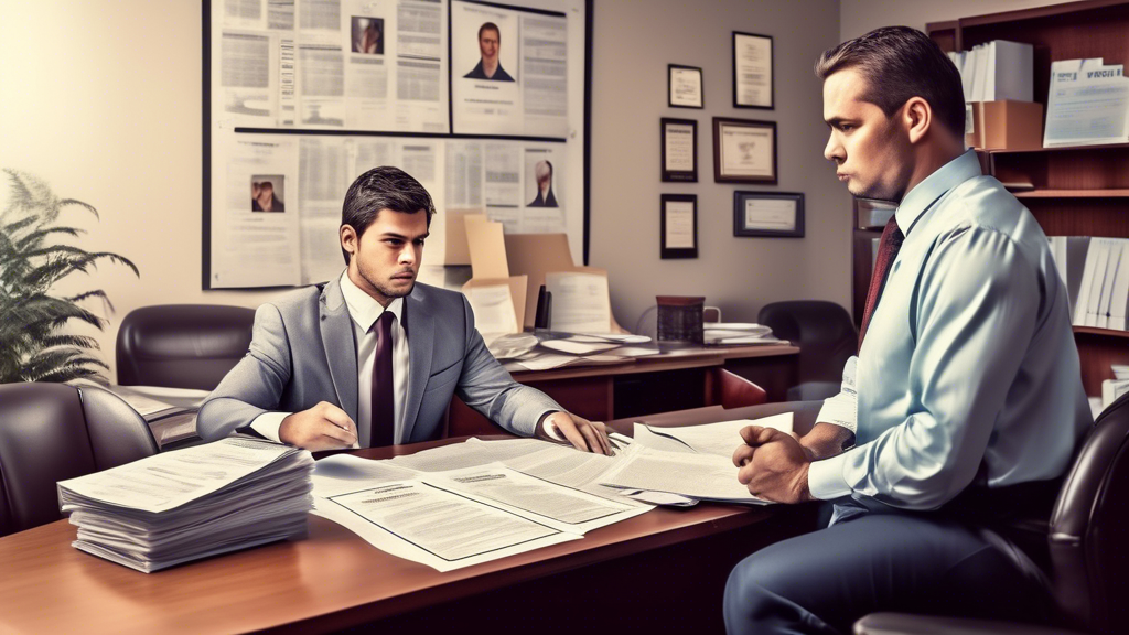 Create an image that shows a professional motor vehicle accident lawyer in an office setting, surrounded by certificates and awards. The lawyer is speaking confidently with a client, while legal books and case files are neatly arranged on the desk. Include banners or text overlays highlighting phrases like Experience, Specialization, Testimonials, and Strong Track Record.