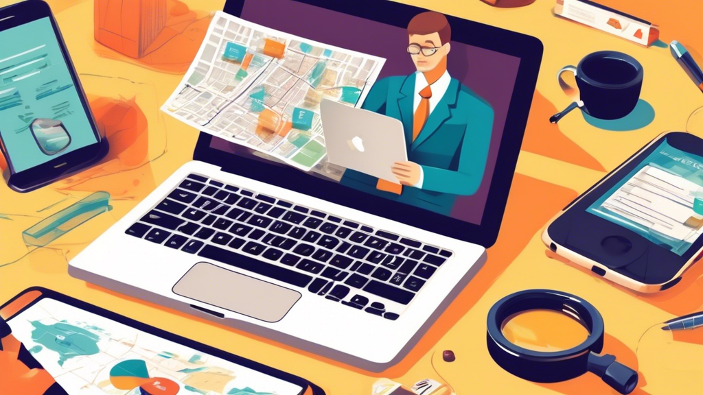 Create an image that depicts a person using a laptop and smartphone to search online for motor vehicle accident lawyers in their region. Include elements like a map with local law office markers, a list of search results, and a magnifying glass icon suggesting investigation. The setting should be cozy and modern, possibly with a cup of coffee on the desk.
