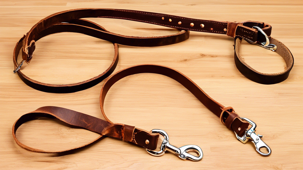Create an image depicting a selection of leather dog leads displayed on a wooden table. The leads vary in length and width, to suit dogs of different sizes and activity levels. Highlight the quality stitching and different types of leather used. Show additional features such as padded handles, sturdy hardware, and simple yet elegant styles. The setting should be well-lit to emphasize the textures and craftsmanship of the leather leads.