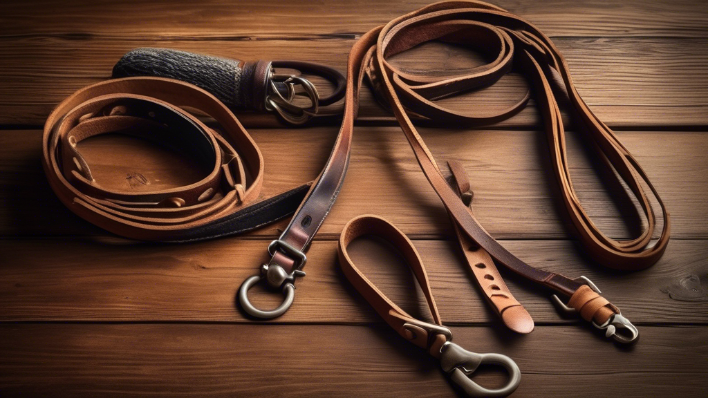 Create an image showcasing a pair of well-used leather dog leads laid out neatly on a rustic wooden table. Surround them with items showing their maintenance: a soft cloth, a bottle of leather conditioner, and a brush. Illustrate the leads subtly aged but still looking luxurious and sturdy, with visible signs of regular care. The background should feature soft natural lighting that highlights the rich texture and quality of the leather.
