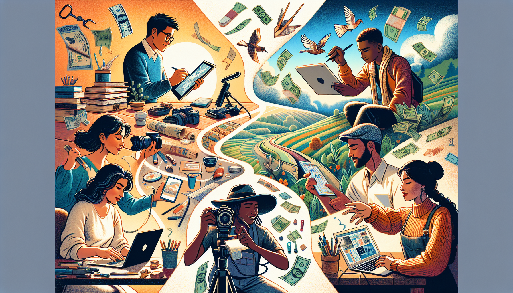 Create an image that showcases the diversity of popular and profitable side jobs people can take up to earn extra money. This image should feature a lively, colorful collage including elements such as a person working on a laptop freelancing as a writer, someone creating graphic designs on a digital tablet, a tutor teaching students online through a computer, an individual photographing scenery with a professional camera, and a person crafting artisan goods in a home workshop. Incorporate icons or symbols representing money and financial growth subtly throughout the collage to emphasize the profitability of these side jobs.
