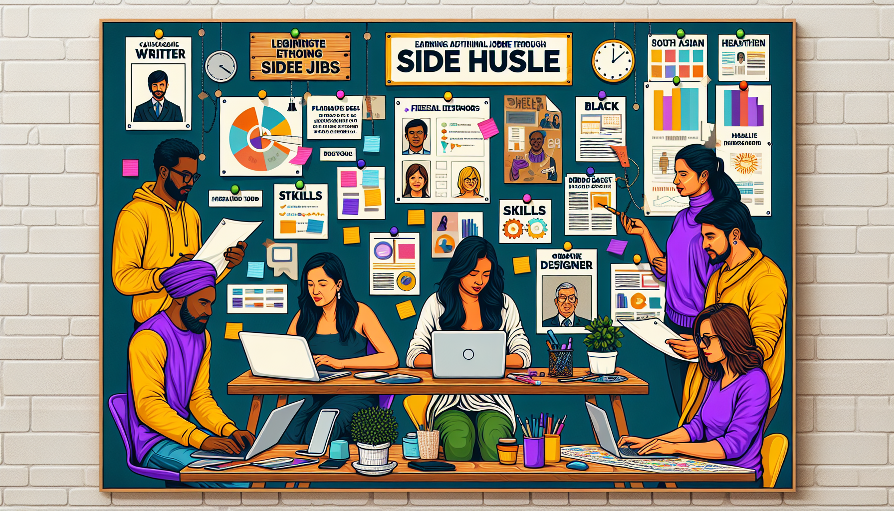 A diverse group of people at their desks, each engaged in different side jobs such as freelance writing, graphic design, online tutoring, and crafting. The background should include a bulletin board with pinned notes and papers listing skills, interests, and legitimate platforms like Upwork and Etsy. Include visual elements like clocks and planners to emphasize time management and motivation for earning extra money through side jobs.