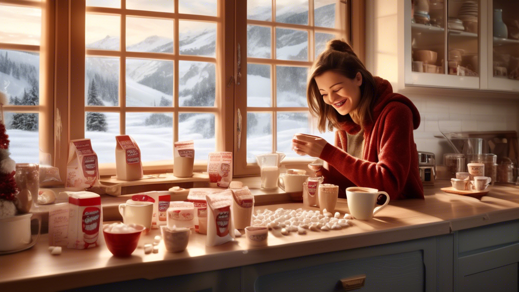Prompt: A cozy kitchen scene showing a person preparing the perfect cup of Swiss Miss hot chocolate. The counter is lined with a variety of Swiss Miss packets, including options with marshmallows, peppermint, and cinnamon. The kitchen is warmly lit and through the window, a snowy landscape is visible. The person is smiling, stirring a steaming mug with a spoon, with whipped cream and a sprinkle of cinnamon on top.