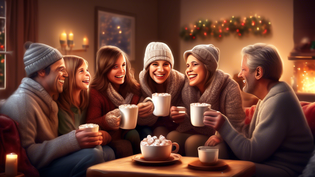 Cozy family gathering in a warm living room decorated for winter, everyone smiling and holding mugs of Swiss Miss hot chocolate, portraying the joy and warmth of enjoying hot chocolate together on a cold evening.