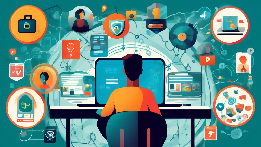 Create an image depicting advanced strategies for maintaining privacy on the internet: a person using a laptop connected to a Virtual Private Network (VPN), with symbols representing secure browsing, such as a shield and lock, surrounding privacy-focused browsers and search engines. Include a smartphone showing social media apps, with the user carefully sharing limited personal information.