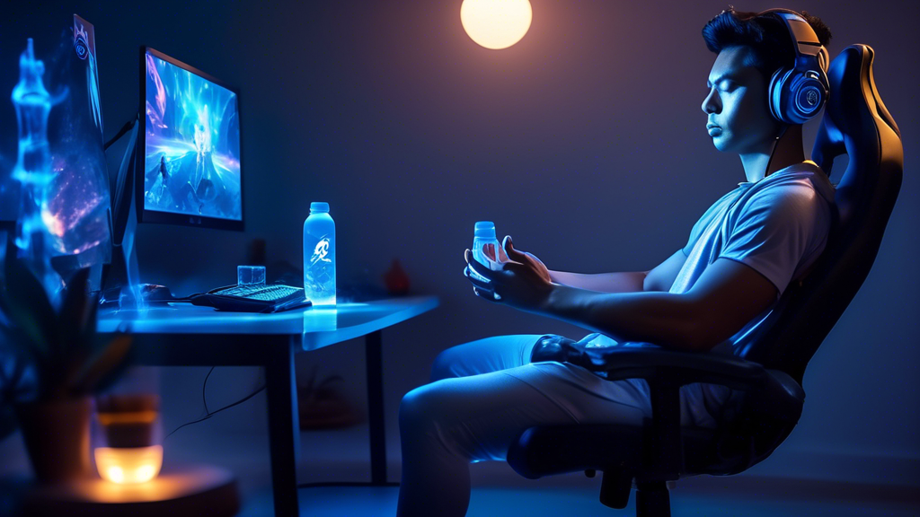 Create an image showing a professional League of Legends player sitting in a relaxed gaming chair, eyes closed and meditating with their hands resting on their knees. A calming aura surrounds them, with soft blue light. Around them, include a few subtle elements like a water bottle to hint at hydration and healthy snacks like fruits on a small table nearby. In the background, a computer setup with a paused game screen of League of Legends can be visible, emphasizing the setting of LOL finals preparation.
