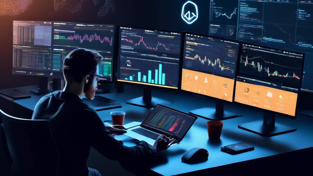 An image illustrating a person sitting at a desk, surrounded by multiple screens and charts, researching and comparing different cryptocurrency trading platforms. The background features logos of popular platforms like Binance, Coinbase, and Kraken. The person appears focused and engaged, taking notes and analyzing data. Elements such as a checklist, graphs, and a tablet displaying demo account interfaces symbolize the process of researching, testing, and verifying information. The setting exudes a sense of careful planning and informed decision-making, capturing the essence of identifying personal needs and managing risks in crypto trading. Keywords: best platform for crypto trading, research, comparison, demo accounts, regulation check.