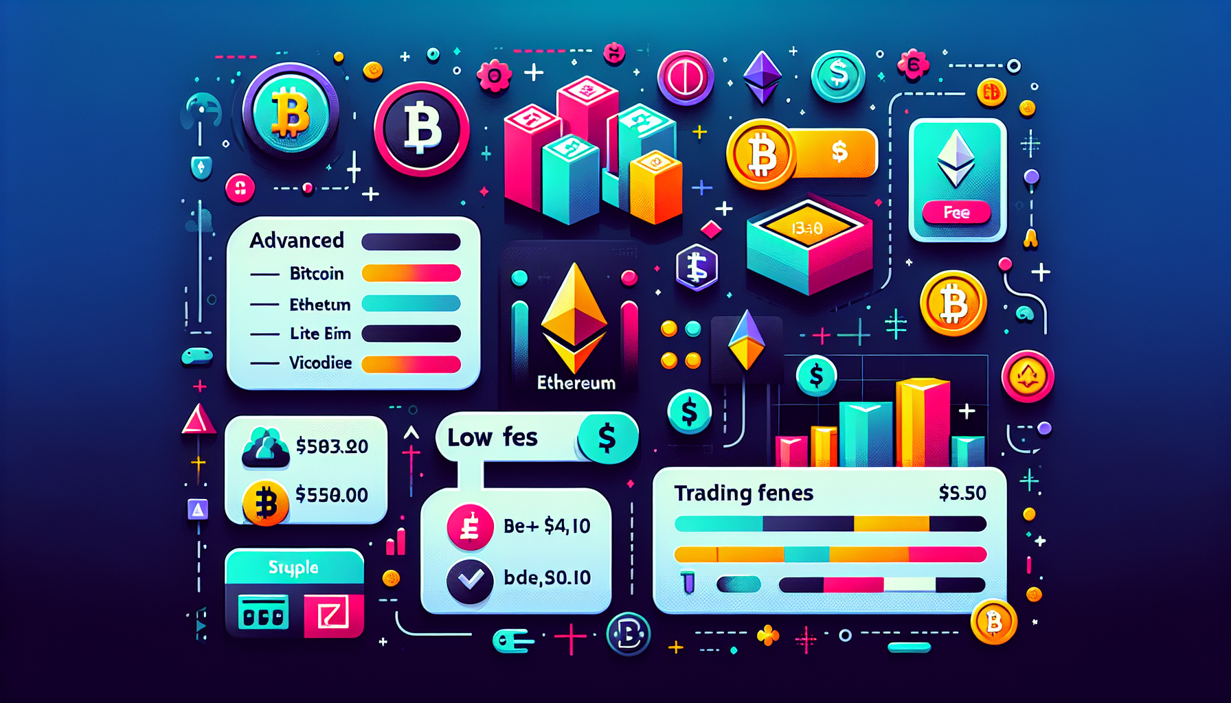Create an illustration showcasing the top features of the best platforms to trade crypto. The image should highlight a sleek and user-friendly interface, detailed fee structures, and a variety of supported cryptocurrencies and trading pairs. Use vibrant colors and a modern design to emphasize usability and efficiency. Include visual representations of popular cryptocurrencies like Bitcoin, Ethereum, and Litecoin, and icons or symbols representing low fees and diverse trading pairs.