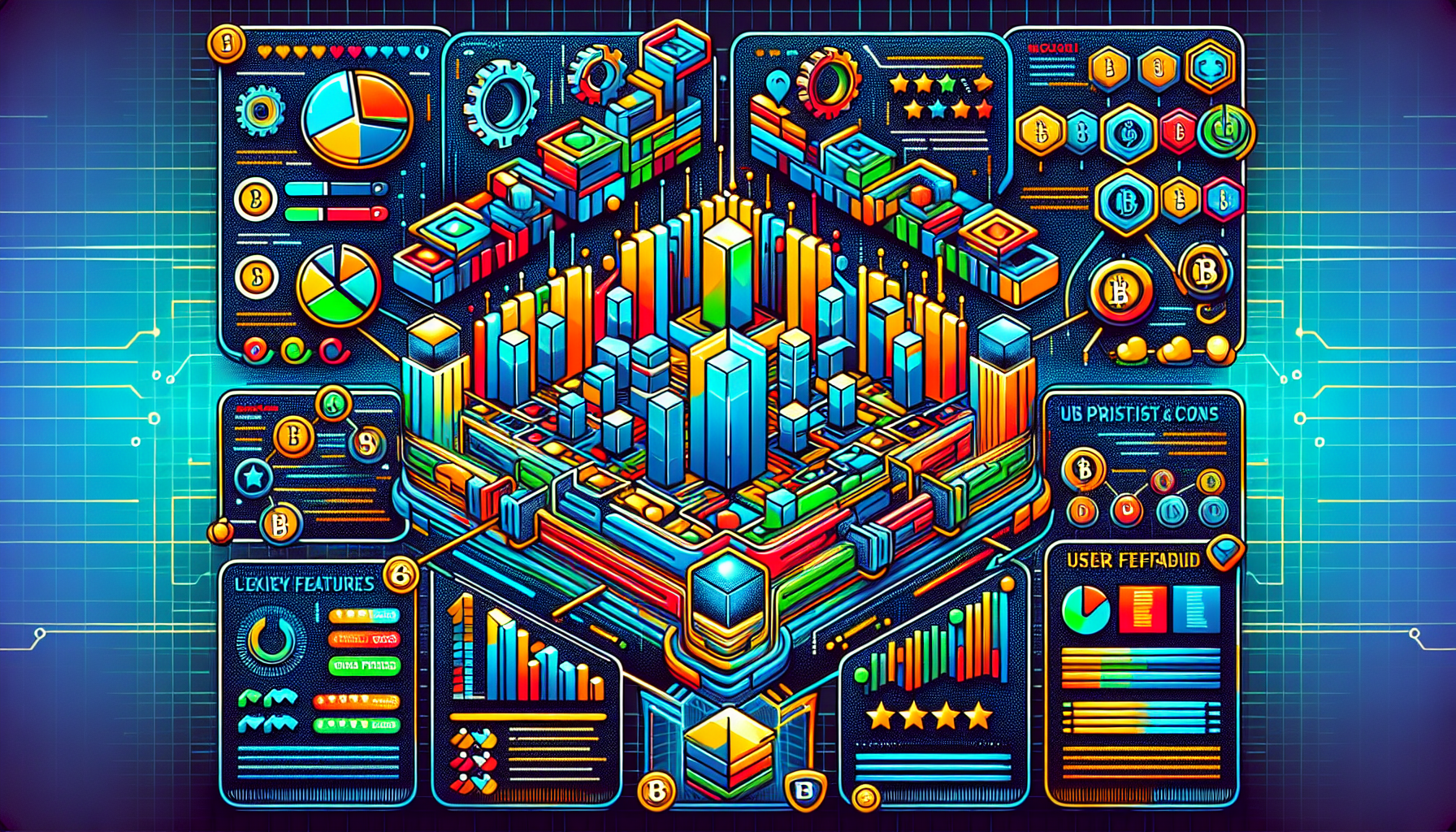 Create an image depicting a detailed comparison chart of the top-rated crypto trading platforms of 2023. Include visual elements like platform logos, pros and cons lists, expert ratings, and user feedback icons. Highlight the key features and benefits that make these platforms stand out. The style should be sleek and modern to appeal to tech-savvy users and cryptocurrency enthusiasts.