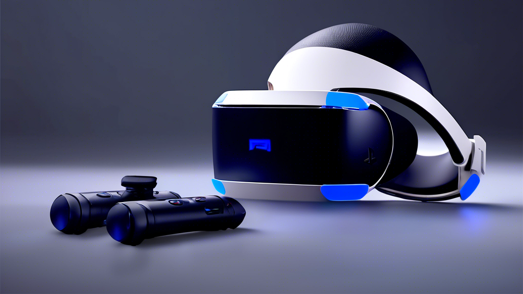 Create an image depicting the Sony PlayStation VR headset with an emphasis on its immersive features. Showcase the headset with a high-resolution display that conveys vivid colors and a wide field of view. Include elements that highlight integrated advanced audio technology, such as spatial sound effects and sleek built-in speakers. Illustrate a virtual reality gaming scene where a player is fully immersed, surrounded by dynamic and engaging visuals and sounds. The scene should evoke the feeling of an enhanced virtual reality gaming experience. Keywords: Sony PlayStation VR headset, high-resolution display, advanced audio technology, immersive gaming.