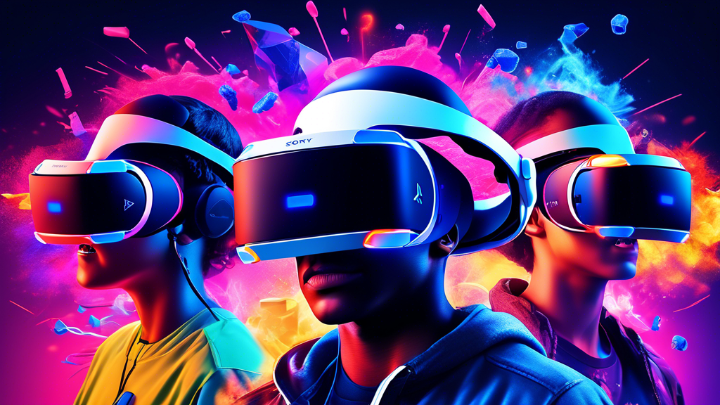 Create an image of the Sony PlayStation VR headset connected to various PlayStation consoles, showcasing a vivid virtual reality gaming scene. Include elements that depict high performance, such as in-game action sequences from exclusive VR titles. Surround the scene with vibrant bursts of color and graphics that highlight the compatibility and impressive performance of the headset across different gaming setups.