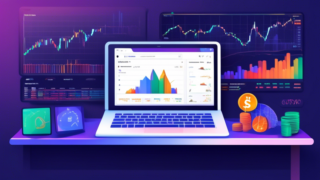 Create a detailed, high-tech illustration of a person using Google Finance on a laptop to monitor and analyze crypto market trends. The screen should display various cryptocurrencies, comparing their performance with colorful charts and graphs. Include elements like candlestick charts, trend lines, and percentage changes to emphasize real-time analysis. The background should feature a modern workspace with additional monitors showing different market data, capturing the essence of a sophisticated crypto tracking setup.