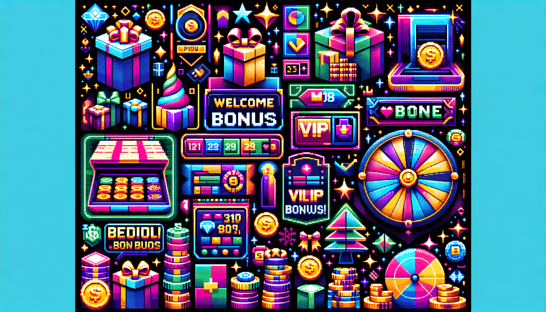 Prompt for DALL-E: A vibrant and dynamic collage of online gambling site promotional materials, featuring examples of welcome bonuses, sign-up offers, loyalty programs, VIP rewards, and ongoing promotions. Include images of gift boxes, gold coins, a large digital 