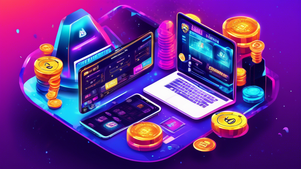 Prompt for DALL-E:

Create a detailed and vibrant digital illustration depicting the user experience of a new online crypto casino. The scene should include a futuristic and sleek interface showcasing an account registration page, complete with wallet integration, identity verification, and a variety of colorful casino games such as slots, poker, and live dealer interactions. Highlight the promotions and bonuses by showing virtual banners with bonus offers and loyalty program rewards. Add elements to reflect the use of cryptocurrency, including digital coins and blockchain graphics in the background. The overall atmosphere should be engaging, modern, and user-friendly, emphasizing the seamless and exciting experience for players.
