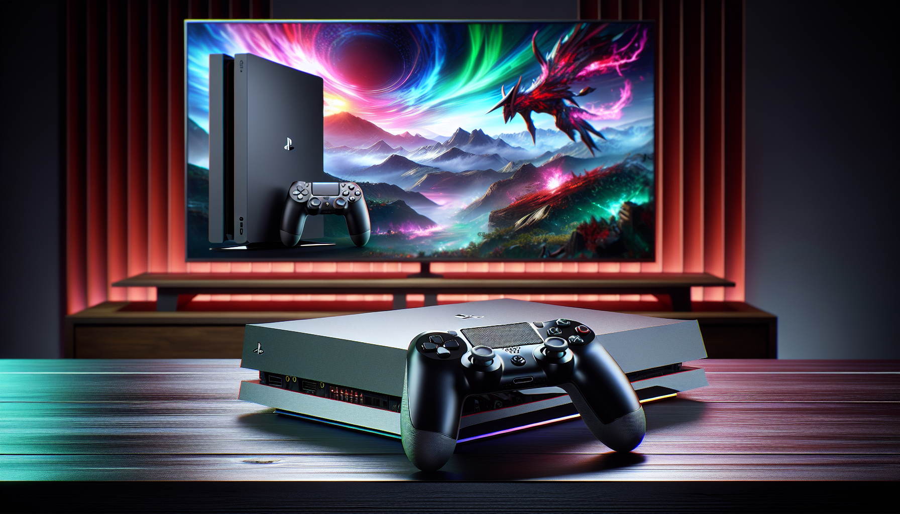 A high-quality, close-up image of the Sony PlayStation 4 Pro console paired with a matching DualShock 4 controller on a sleek, modern gaming desk. The background features a vibrant 4K TV displaying a visually stunning game scene that showcases the enhanced graphics and HDR technology. Add subtle graphic overlays indicating the upgraded GPU, CPU, and RAM specifications to draw attention to the console’s technical prowess.