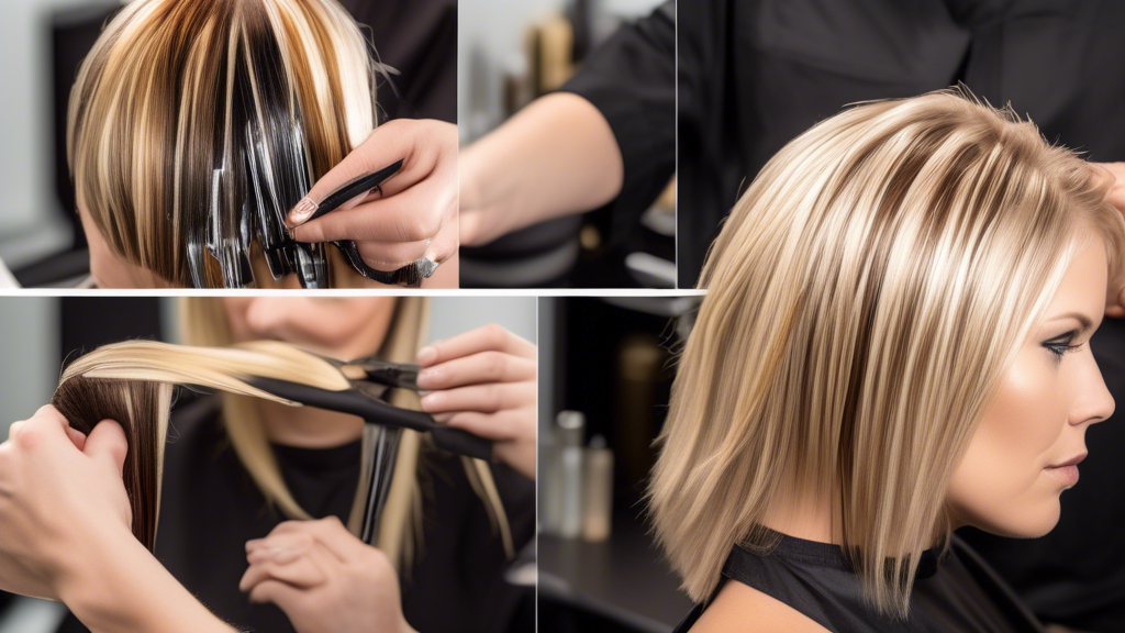 Create an image illustrating the creative process of applying blonde and dark foils in hair coloring. The scene should show a detailed step-by-step application guide in a salon setting. Include tools and materials such as combs, brushes, foils, and coloring bowls. Capture the stylist