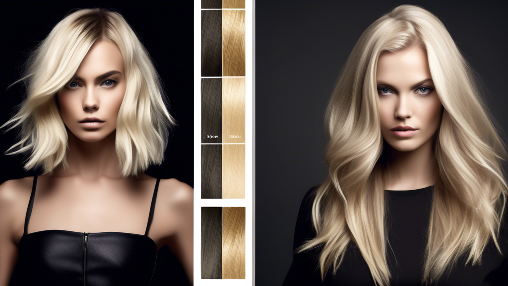 Create an image featuring a split-screen design. On one side, depict a stylish, trendsetting blonde and dark foil combination inspired by current fashion trends, with modern, edgy hairstyles. On the other side, showcase an 