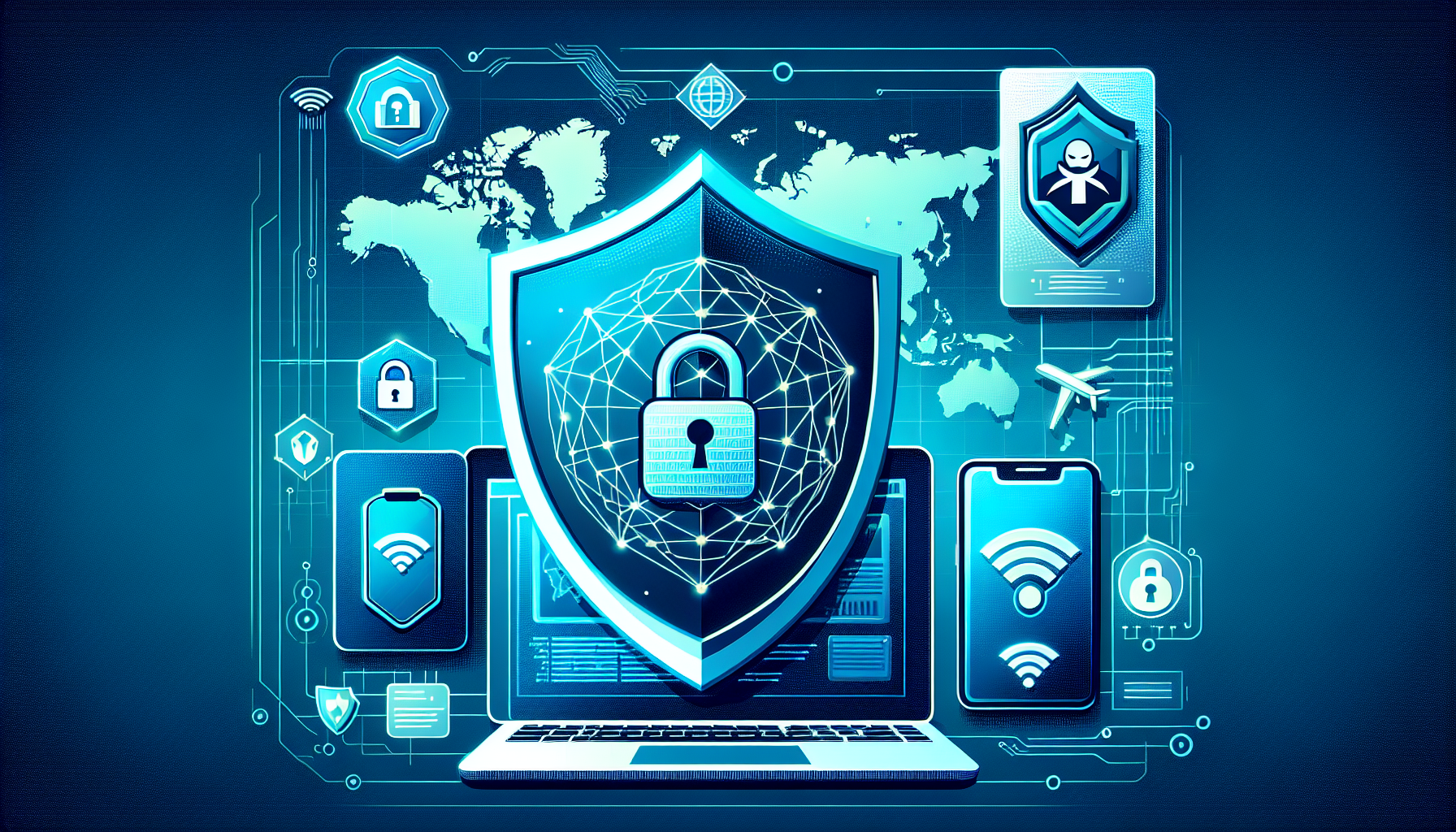 Create an image showcasing the advantages of using Private Internet Access VPN for privacy protection. The image should prominently feature a digital shield icon around a laptop and smartphone, symbolizing data encryption and protection. Show a map in the background with the user