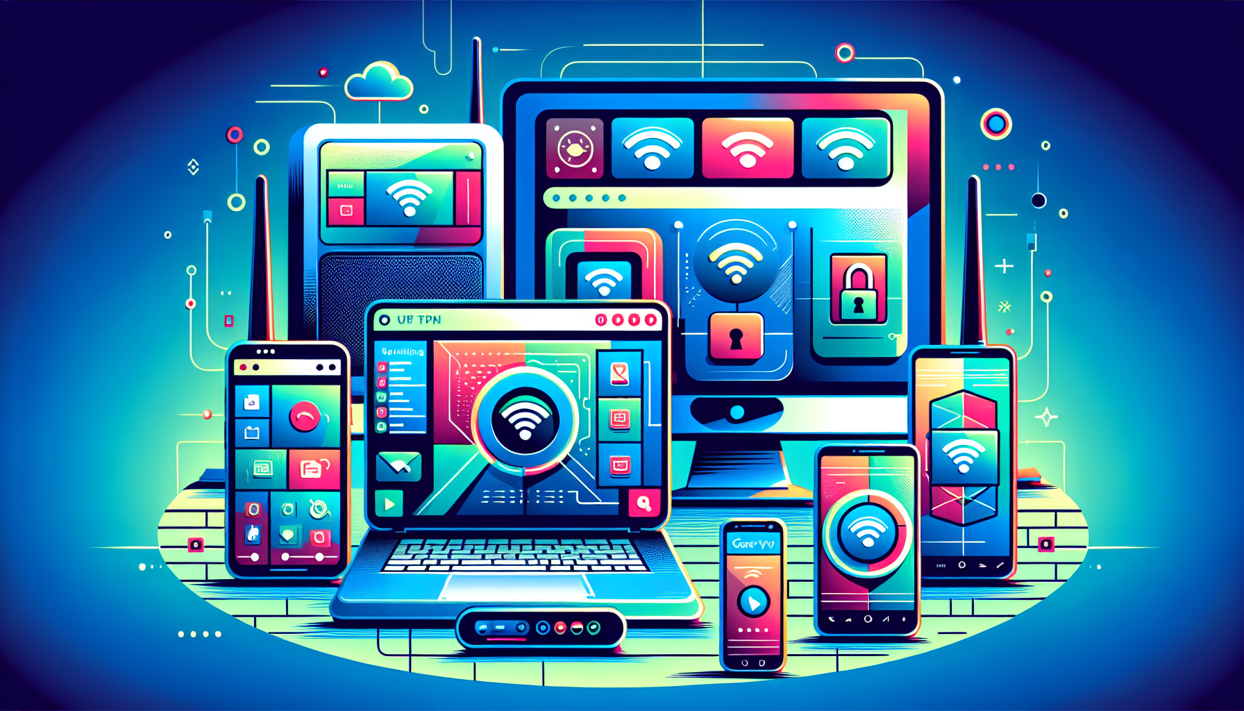 Illustrate a scene with multiple devices such as a Windows PC, a MacBook, an Android phone, and an iPhone, all connected and showing Private Internet Access VPN active on screen. Background elements should include Wi-Fi router settings and instructions displayed on a smart TV to emphasize advanced usage. The focus should be on the simplicity and accessibility of configuring and using Private Internet Access VPN across various platforms for enhanced online privacy.