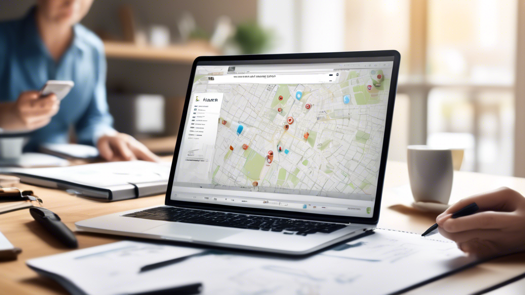 Create an image of a professional workspace with a computer screen displaying a website for finding nearby DOT physical exam locations. In the background, include a person holding a smartphone with a map app open, pinpointing nearby clinics. Add elements like a notebook, pen, and a checklist visible on the desk to symbolize preparation tips. The surrounding environment should reflect a clean and organized home office or study area. Ensure the visual emphasis is on technology and tools aiding the search for the best DOT physical exam locations.