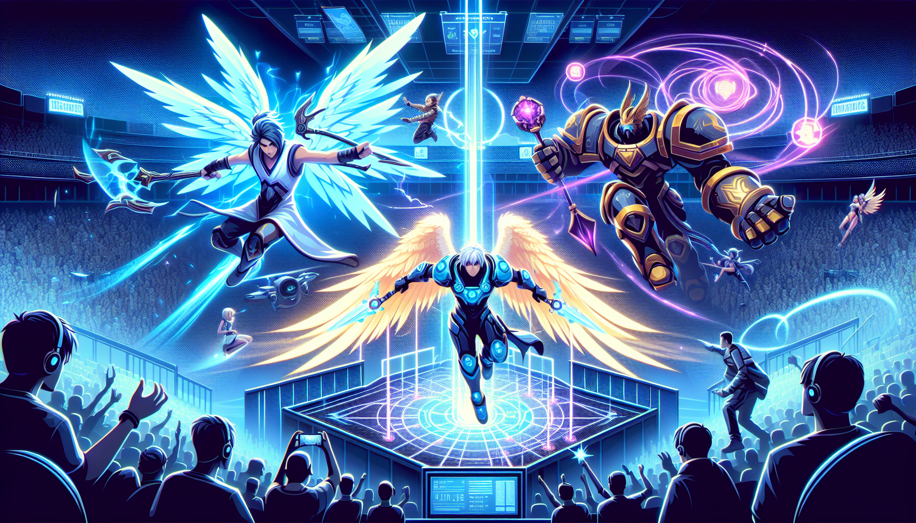 Create an action-packed image capturing standout players at the latest Overwatch tournament. Illustrate key moments of gameplay with vibrant visuals showing popular in-game heroes like Tracer, Mercy, and Reinhardt in intense combat. Emphasize their individual contributions and distinct, game-changing strategies, highlighting iconic abilities and breathtaking plays that swayed crucial matches. Surround the scene with an energized crowd and spotlight these pivotal moments, celebrating the sheer excitement and dynamic nature of competitive Overwatch.