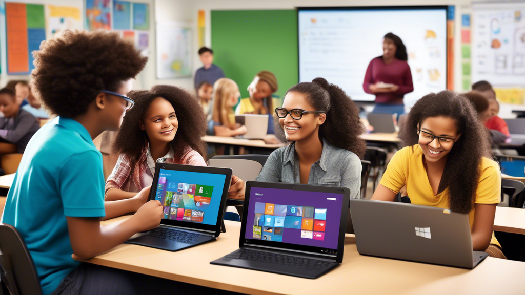 Create an image that features a vibrant, modern classroom filled with engaged students using various digital tools provided by Microsoft Student. The classroom should include scenes of students collaborating on projects with laptops and tablets, using virtual whiteboards, and accessing organized digital resources. Highlight the interactive and efficient learning environment promoted by Microsoft Student. Include elements that demonstrate improved productivity and streamlined collaboration, such as shared digital notes and real-time project updates on screens.