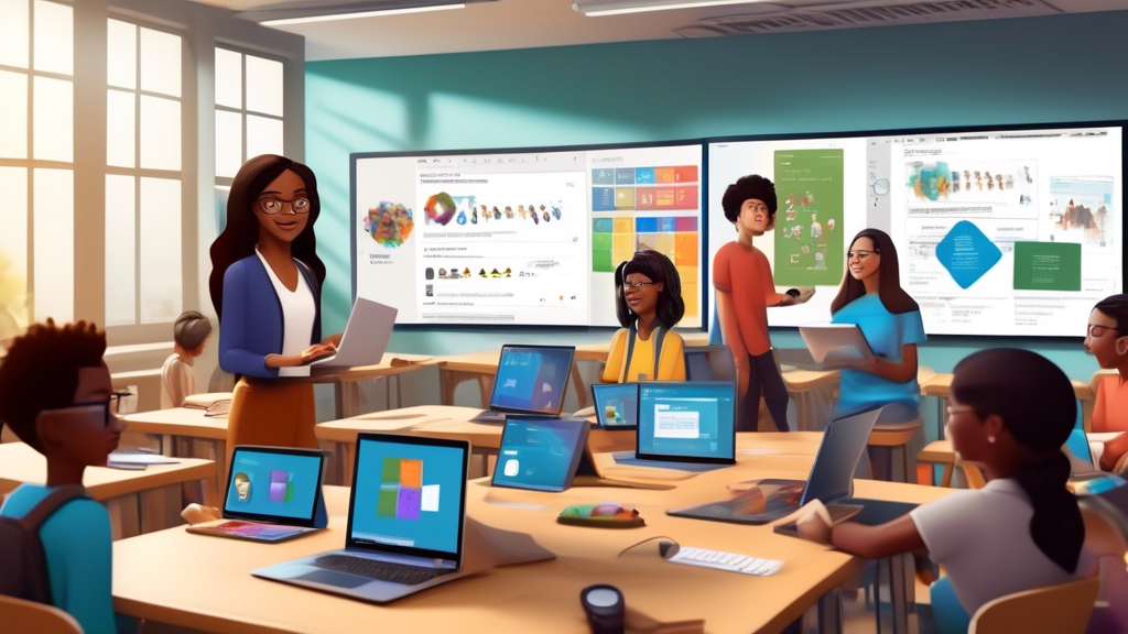 Create an image of a diverse group of students and teachers in a modern classroom setting, using laptops and tablets featuring the Microsoft Student interface. The scene should include a teacher guiding a student on how to use a specific function on the software. In the background, a smartboard displays a detailed infographic on tips and tricks for maximizing the use of Microsoft Student. Another corner shows a bulletin board with pinned testimonials and success stories from various schools that have implemented Microsoft Student, highlighting the positive impact on their education experience.