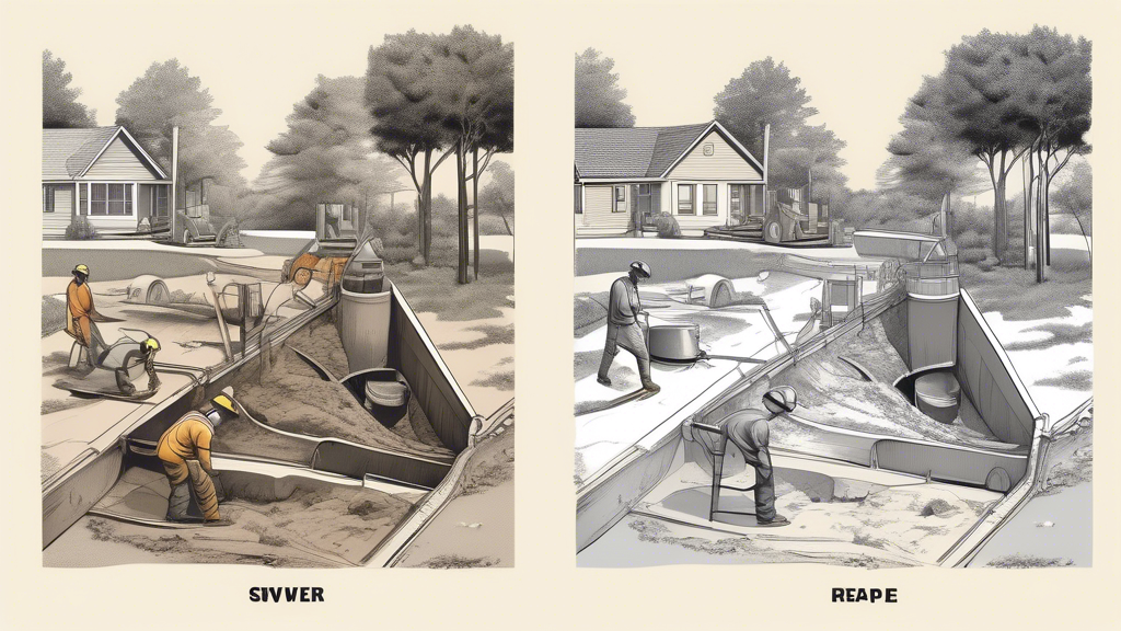 DALL-E prompt for an image that relates to outline point #2:

A split-screen illustration comparing traditional excavation and trenchless sewer line repair methods. On the left side, show a large trench dug in a residential yard with heavy machinery and workers repairing an exposed pipe. On the right side, depict a minimally invasive trenchless repair technique with a small access point and specialized equipment inserting a liner into the underground pipe. Include labels for both methods and emphasize the contrast in yard disruption between the two approaches.