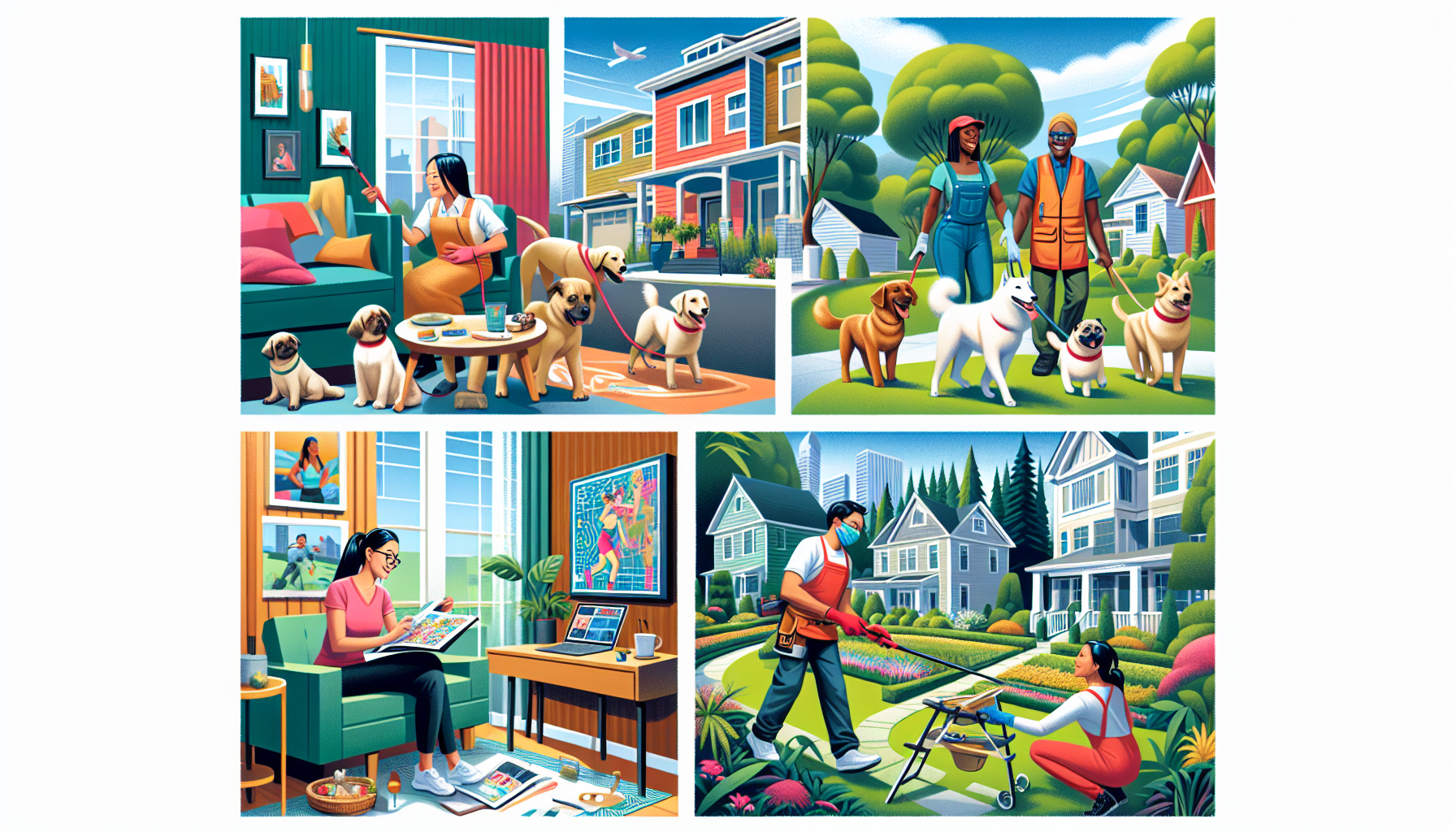 Create an image depicting various personal service side hustles popular in 2023. The scene should be vibrant and dynamic, with different individuals engaged in activities such as dog walking, home improvement tasks like painting and landscaping, and virtual fitness and wellness sessions. Each person should appear happy and engaged in their work, reflecting the growing demand for these services. Include diverse settings such as a neighborhood for dog walking, a home interior for painting, a garden for landscaping, and a cozy home office for virtual fitness coaching. Ensure the image conveys a sense of community and productivity.