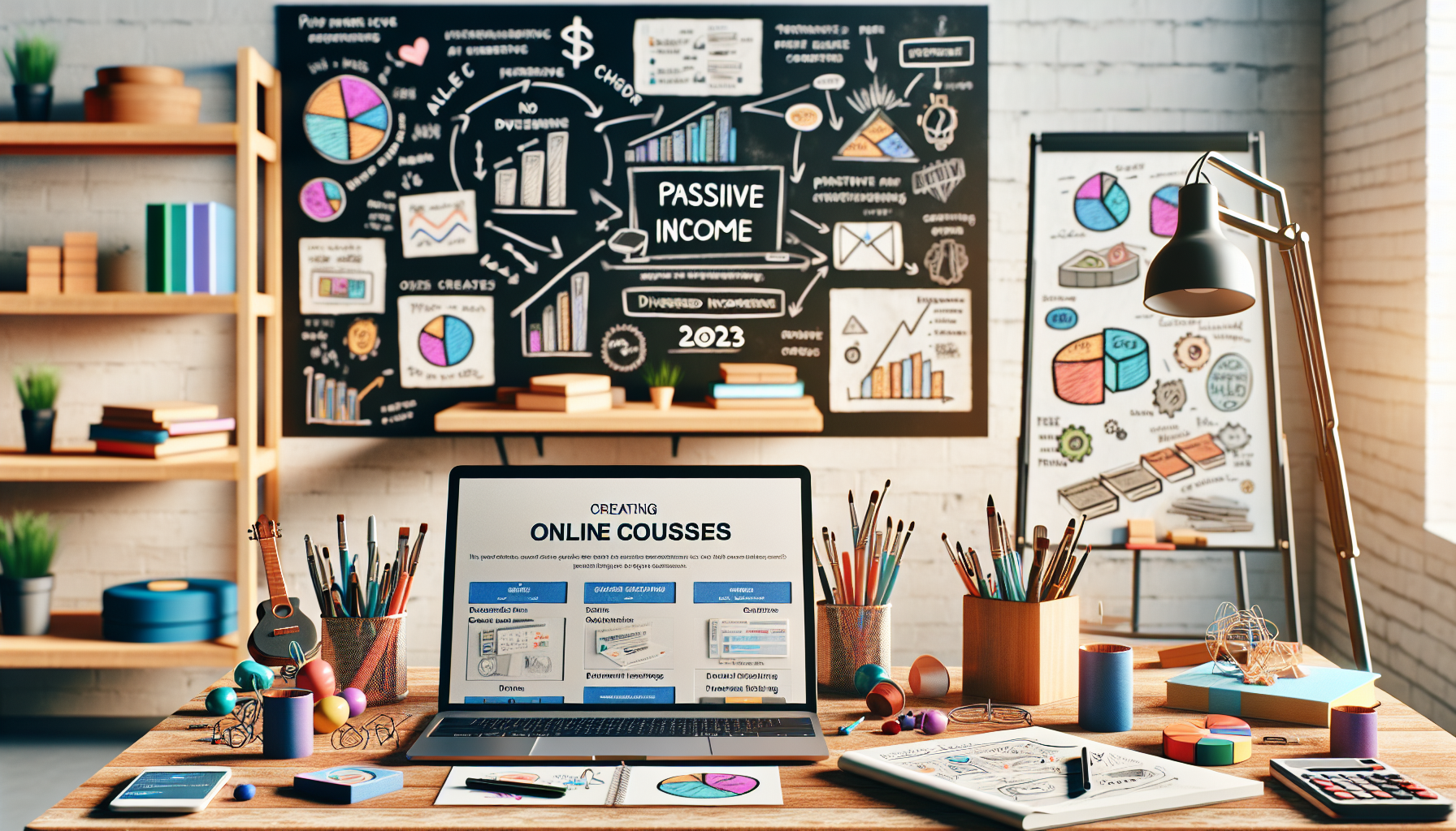 An image of a creative workspace featuring a laptop displaying a Udemy course creation page, a whiteboard with notes on passive income strategies like dividend stocks and real estate crowdfunding, and musical instruments and crafting supplies on a shelf in the background, symbolizing the varied avenues for creative and passive income side hustles in 2023.