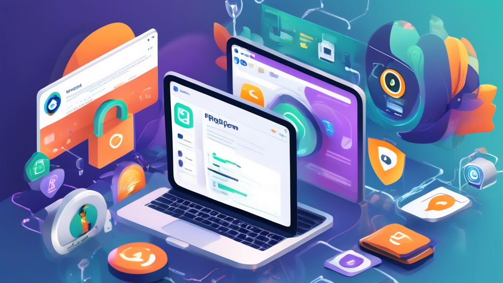 Create an image that illustrates Essential Internet Privacy Tools to Keep You Safe. The scene should feature a desktop setup with a computer screen displaying a VPN interface, while the browser shown is Brave or Tor. Next to the computer, display icons or pop-ups representing secure messaging apps like Signal and WhatsApp. On the browser, showcase extensions such as HTTPS Everywhere and uBlock Origin actively working to block trackers. The setting should convey a sense of security, privacy, and digital protection, with a modern, sleek aesthetic to emphasize technological advancement.