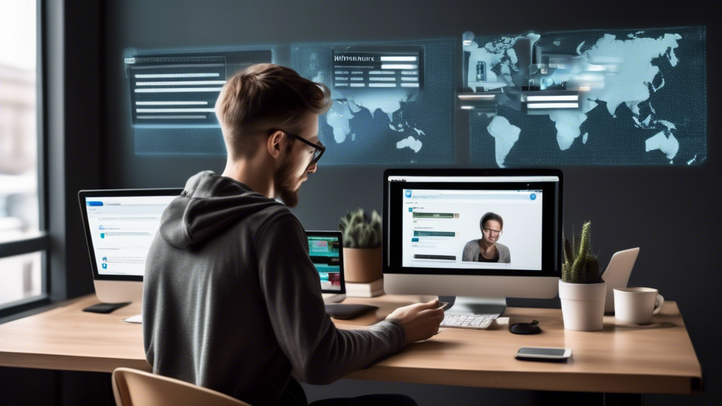 Create an image that portrays a person actively engaging in best practices for maximizing online privacy. The person is sitting at a desk with multiple screens displaying privacy settings being updated. They are using a password manager on one screen, configuring browser privacy settings on another, and receiving a notification about an update on privacy threats on the third. The setting should include a coffee shop ambiance to subtly highlight the use of public Wi-Fi, with visual cues such as a VPN icon on the screen and a sign that reads Stay Safe Online in the background. The overall look should convey a modern, tech-savvy approach to ensuring online privacy.