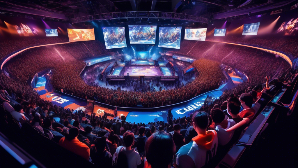 Create an image that captures the vibrant atmosphere of college students engaged in a lively esports tournament held in a large, modern campus arena. The scene should portray enthusiastic students both participating in the gaming competition and cheering from the audience, with diverse groups of students interacting and showing a strong sense of community. Include banners and flags representing various college teams, with a central stage featuring large screens displaying the game action. The background can show additional elements like study areas and posters promoting academic and extracurricular integration of esports activities.