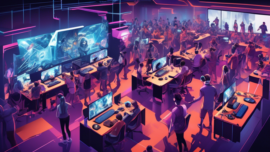 Prompt for DALL-E:

Create an illustration depicting the future of collegiate esports. The image should feature a vibrant esports arena filled with enthusiastic college students. In the foreground, depict students engaged in intense competitive gaming with cutting-edge technology, such as VR headsets and advanced gaming rigs. In the background, highlight potential career pathways with visuals of students working in diverse roles like shoutcasting, game development, and team management. Include elements that indicate the challenges and solutions, such as funding and inclusivity graphs and banners promoting a balance between academics and gaming.

Keyword: collegiate esports.