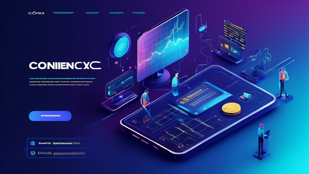 Create an image showcasing the technological innovations and advancements of CoinEx Exchange. The scene should feature a sleek, futuristic trading interface on multiple screens, highlighting blockchain technology and advanced trading protocols. Include unique trading tools like real-time analytics and AI-driven insights. The background should have subtle elements of a digital blockchain network, conveying security and reliability.