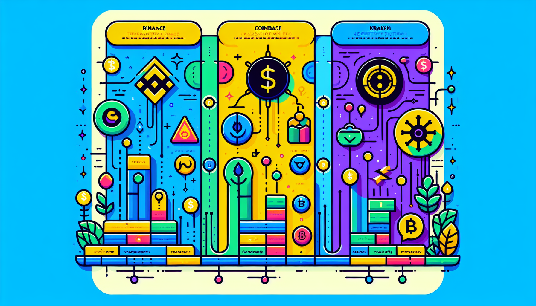 Create an image of a digital comparison chart showcasing three major cryptocurrency platforms: Binance, Coinbase, and Kraken. The chart should highlight key factors such as user interface, transaction fees, security features, and customer support. Each platform should be distinctively represented with its logo and visual cues. The overall style should be modern and tech-savvy, reflecting the innovative nature of cryptocurrency exchanges.