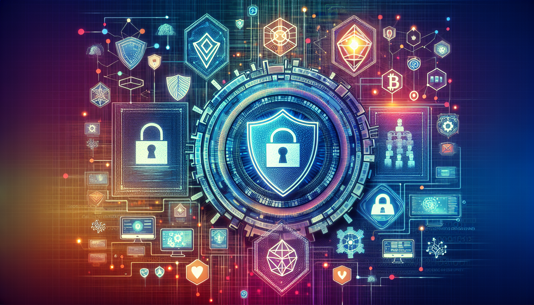 Create an image that illustrates the importance of security and technological innovations in cryptocurrency platforms. The scene should depict advanced cybersecurity measures, such as encrypted codes and shield icons, alongside cutting-edge technology elements like blockchain visuals and futuristic interfaces. Ensure that the image conveys a sense of protection, innovation, and vigilance in the context of managing digital assets on cryptocurrency platforms.