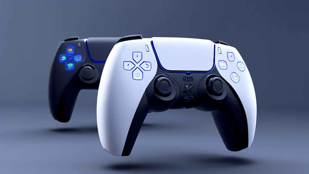 Create an image that depicts the revolutionary features of the PS5 VR2 controllers. Show the controllers prominently with a design that highlights the new haptic feedback technology and adaptive triggers. Include visuals that illustrate these features enhancing gameplay realism and user interaction, such as a gamer feeling different textures through the haptic feedback or engaging adaptive triggers while playing an intense action game. Make sure the PS5 VR2 and the innovative aspects of its controllers are the focal point of the image.