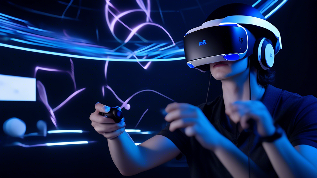 Create an image depicting the PS5 VR2 headset and controllers being used to experience a highly immersive game. Highlight the advanced tracking system with visual cues showing the precise motion tracking and inside-out tracking capabilities. The background should include elements that represent fast load times and efficient performance, such as dynamic motion blurs, digital speed lines, and a power meter symbol indicating low power consumption. The overall scene should emphasize the enhanced performance and tracking capabilities of the PS5 VR2 system.