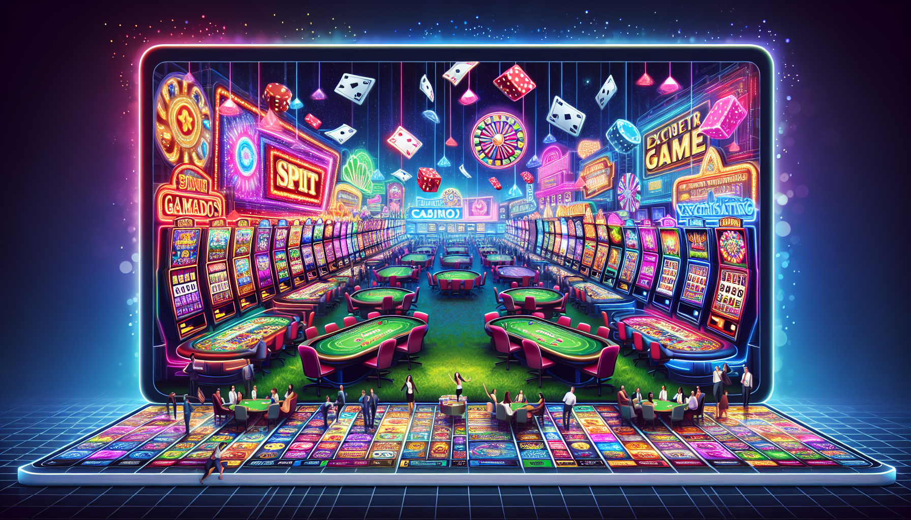 Create an image showing a vibrant and dynamic interior of an online casino. There should be a variety of slot games with different themes (classic and modern) on brightly lit screens. In the background, include tables with people playing classic table games like blackjack and poker, and some live dealers interacting with players. Add some specialty games and exclusive Spin Casino branded offerings to convey the diverse gaming options available. Make sure to add details that indicate this is an online platform, such as a user interface resembling a website layout on a computer or mobile device screen.