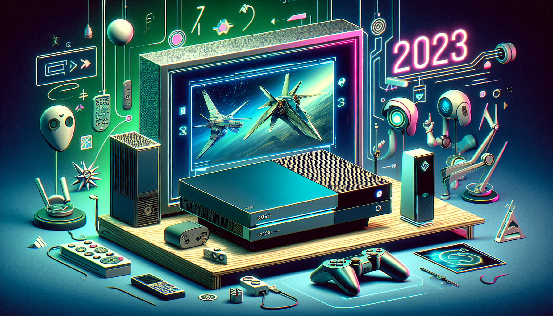 Create an image that shows a Sony PS4 500GB console in 2023 surrounded by modern gaming elements. The PS4 is connected to a large, contemporary TV displaying a popular recent game with impressive graphics. Next to the PS4, display a PS5 for comparison. Include modern gaming accessories like the latest controllers, VR headset, and a mix of both older and newer game titles. Add a subtle overlay indicating 2023.