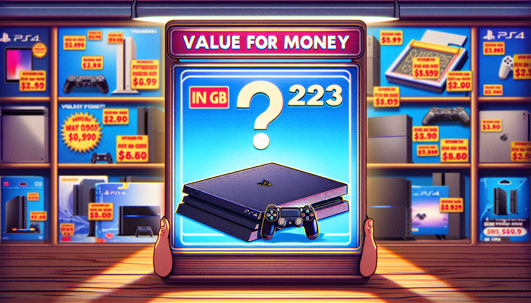 Create an image showing a PS4 500GB console with the text Value for Money in 2023? prominently displayed. The background includes price tags and some modern gaming alternatives like PS5 and other gaming consoles, highlighting comparisons and choices. The scene should reflect a budget-conscious gamer pondering the investment, with an overall focus on the cost-effectiveness and longevity of the PS4 500GB.